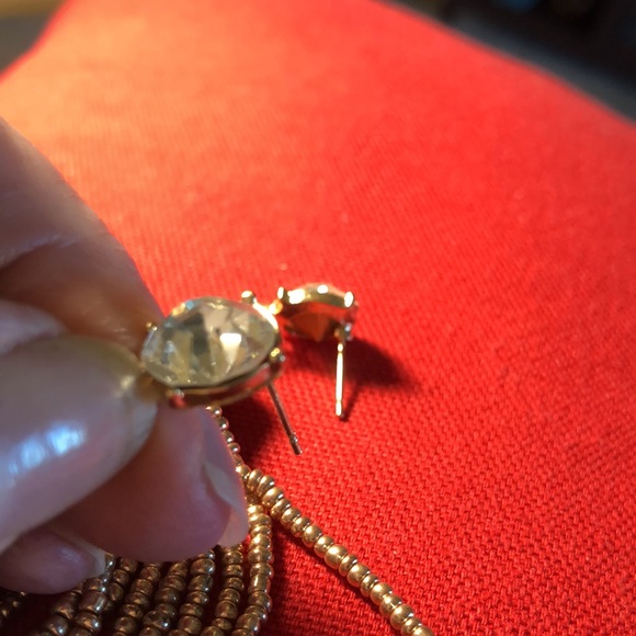 Diamond Style Rhinestone & Chain Dangle Earrings Gold Toned Pierced Back - Picture 6 of 8